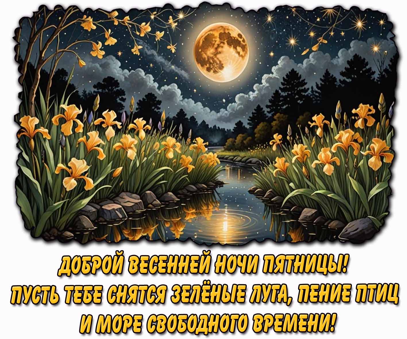 Открытка "Доброй весенней ночи пятницы! Пусть тебе снятся зелёные луга, пение птиц и море свободного времени!"