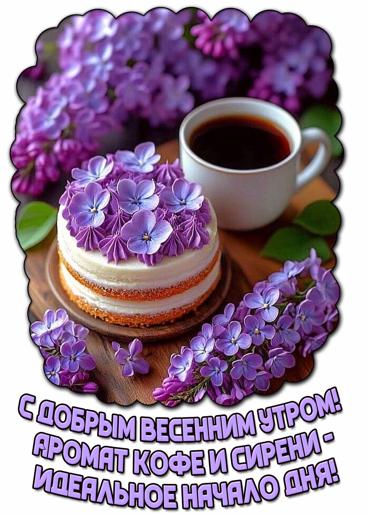 Открытка "С добрым весенним утро! Аромат кофе и сирени - идеальное начало дня!"
