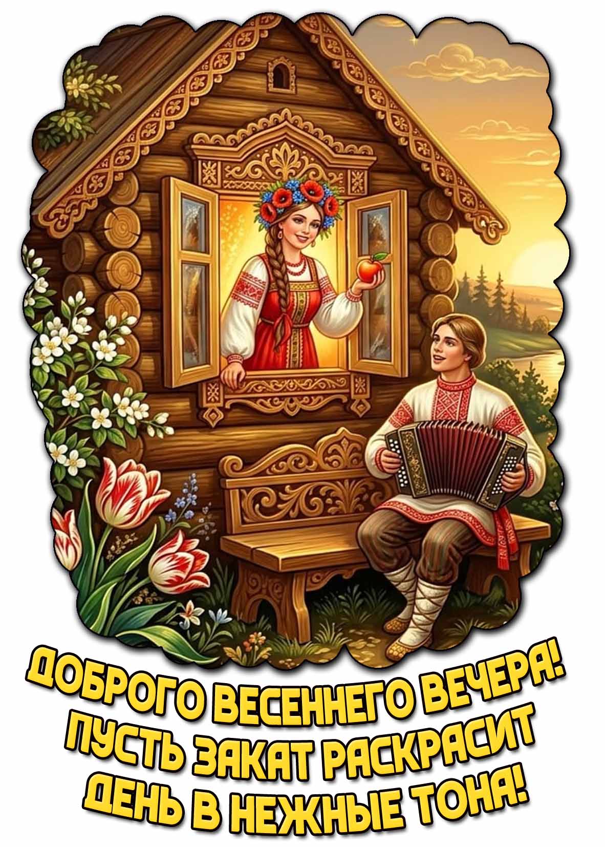 Открытка "Доброго весеннего вечера! Пусть закат раскрасит день в нежные тона!"