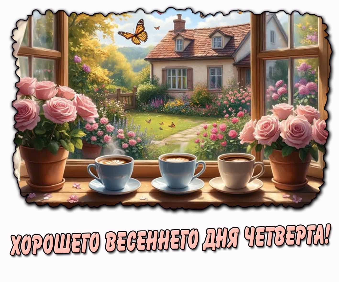 Хорошего весеннего дня четверга! - картинка с цветами и кофе