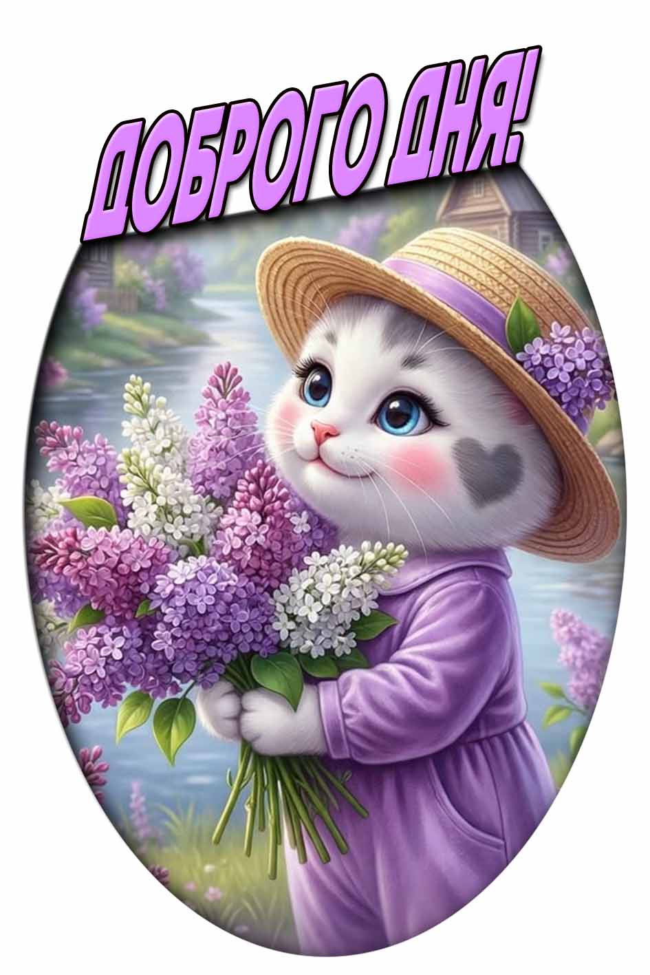 Доброго дня! - весенняя картинка с сиренью и котиком