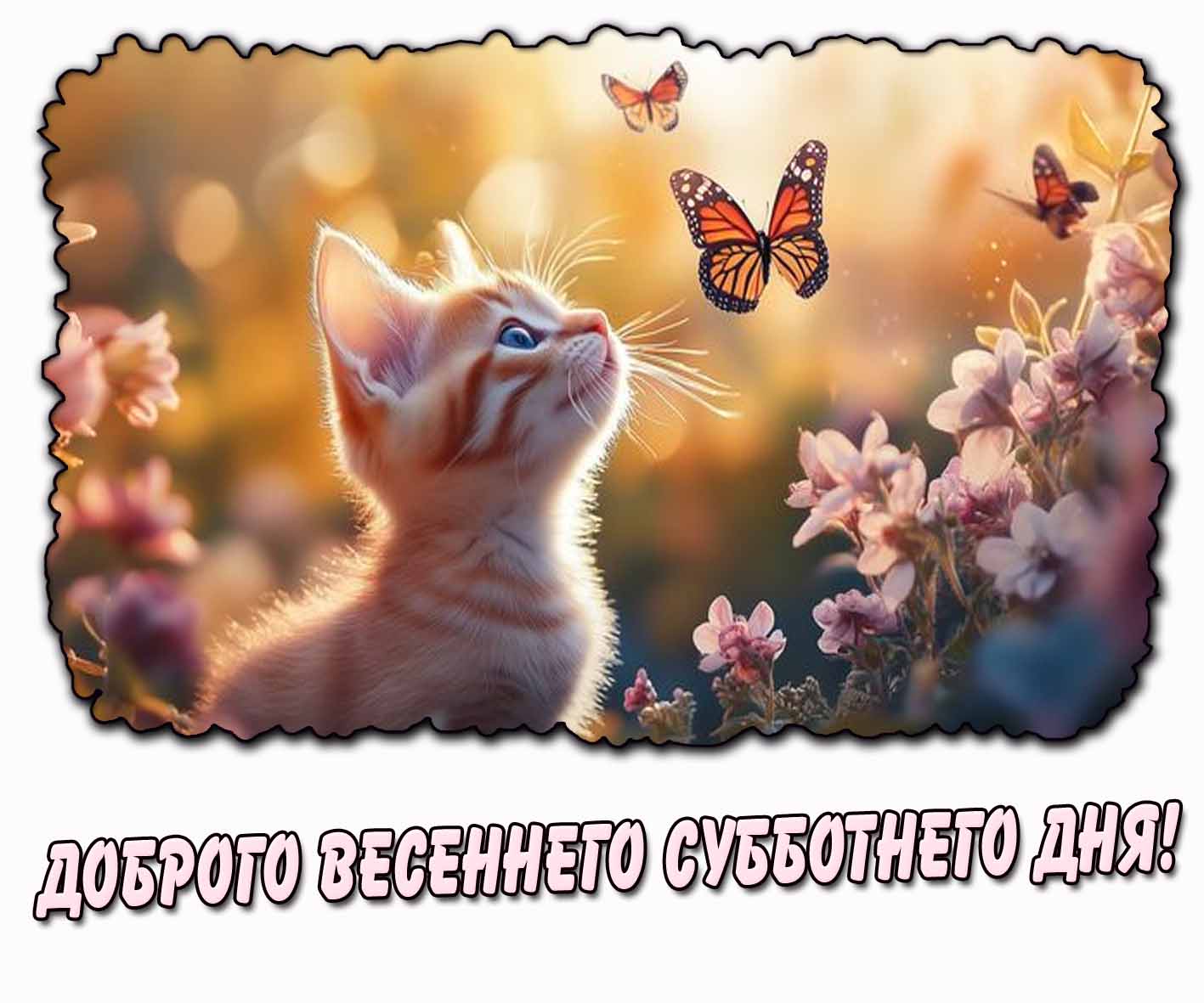 Доброго весеннего субботнего дня! - открытка с котёнком и бабочками