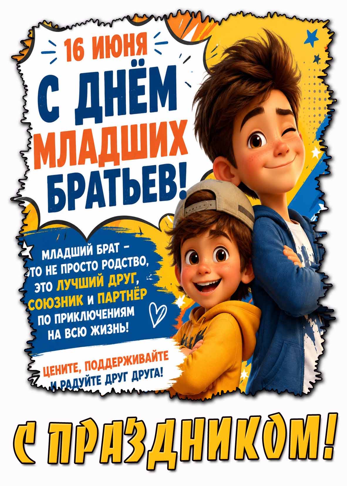 Картинка "16 июня - с днём младших братьев! Цените, поддерживайте и радуйте друг друга! С праздником!"