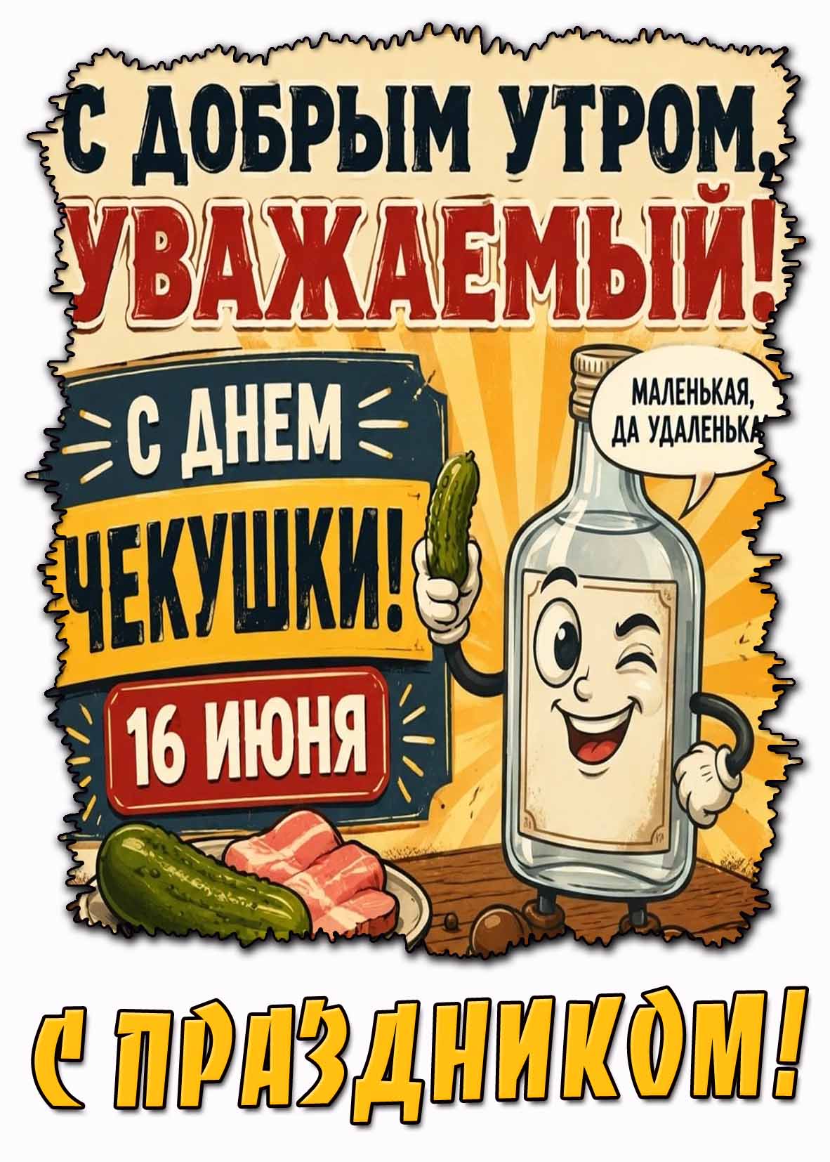 Прикольная открытка "С добрым утром, уважаемый! 16 июня - с днём чекушки! С Праздником!"