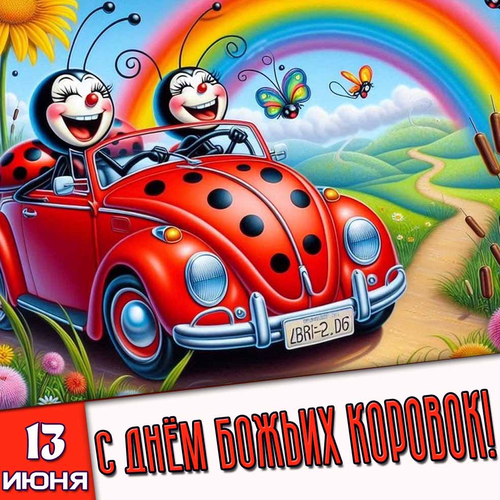 Прикольная открытка 13 июня - с днём божьих коровок!