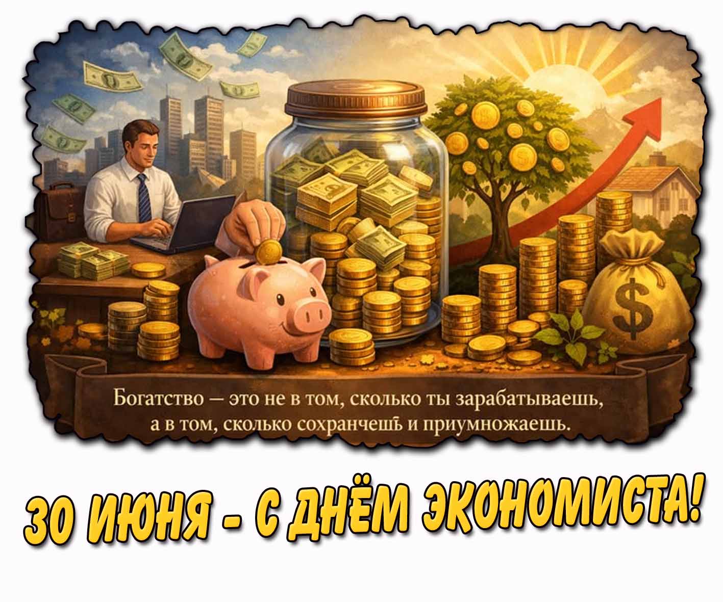 Картинка "С днём экономиста! Богатство - это не в том, сколько ты зарабатываешь, а в том сохраняешь и приумножаешь!" - 30 июня