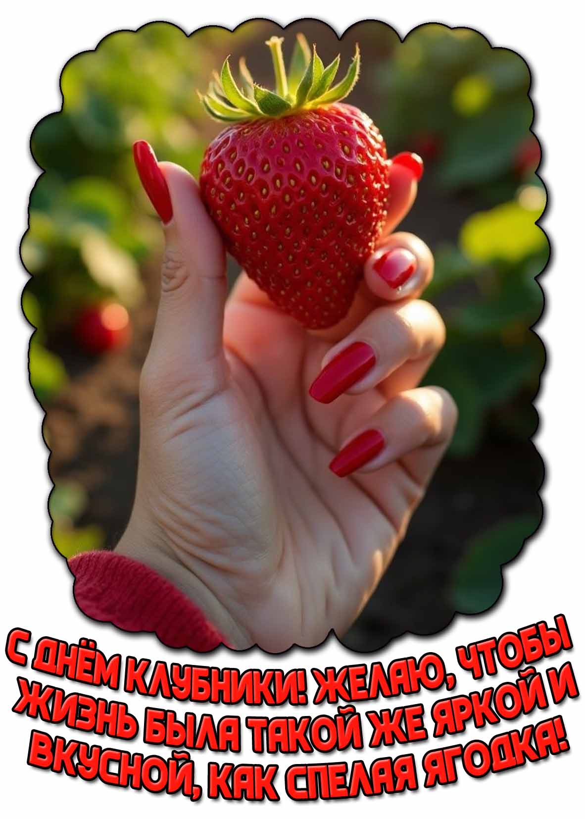 Картинка "С днём клубники! Желаю, чтобы жизнь была так же яркой и вкусной, спелая ягодка!"