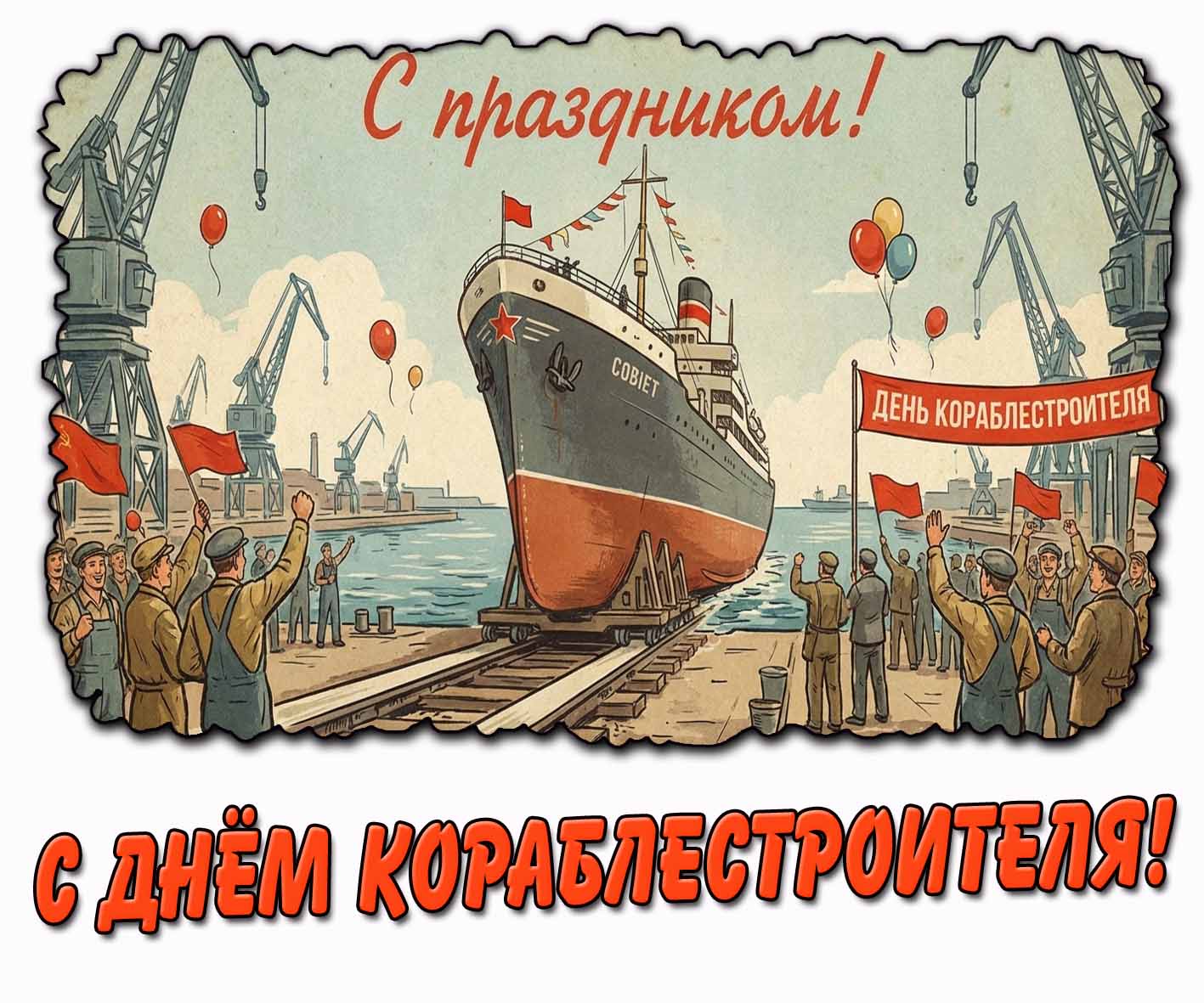 Советская картинка "С днём кораблестроителя! С праздником!"