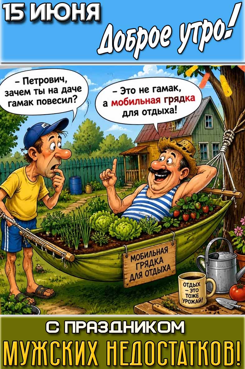 Летняя картинка "15 июня доброе утро! С праздником мужских недостатков!"