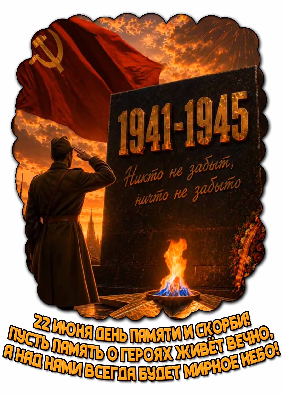 Открытка "22 июня - день памяти и скорби! Пусть память о героях живёт вечно, а над нами всегда будет мирное небо!"