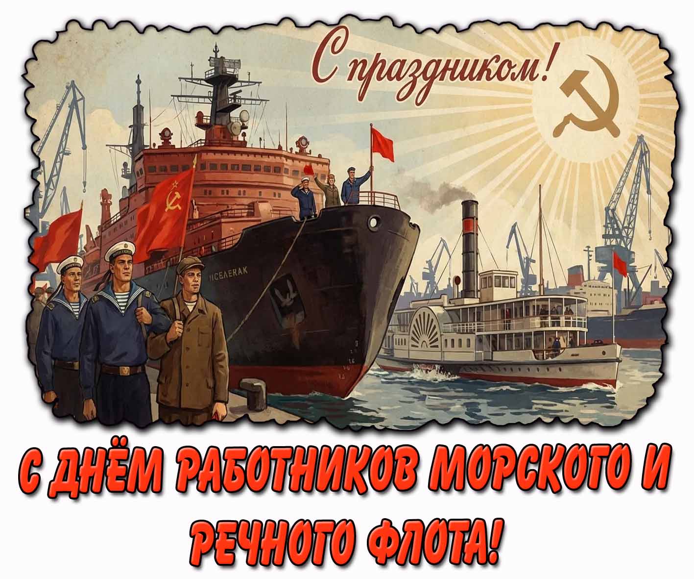 Советская открытка "C днём работников морского и речного флота! С праздником!"