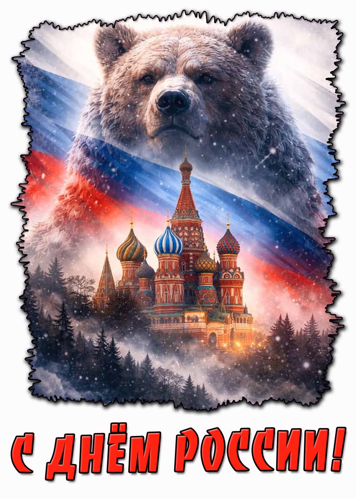 С днём России! - красивая открытка с медведем