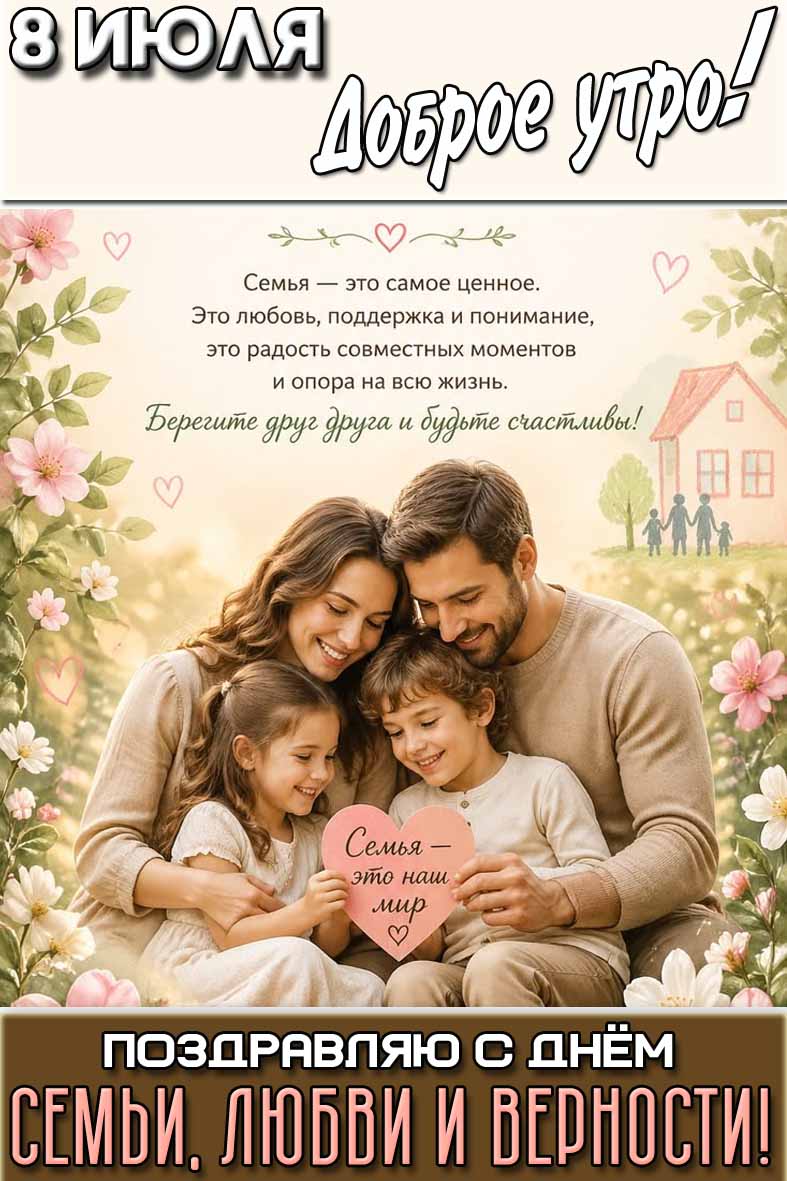 Открытка "8 июля доброе утро! Поздравляю с днём семьи, любви и верности! Семья - это самое ценное!"
