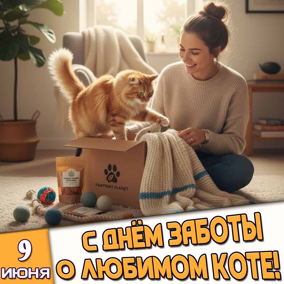 Картинка 9 июня - с днём заботы о любимом коте!