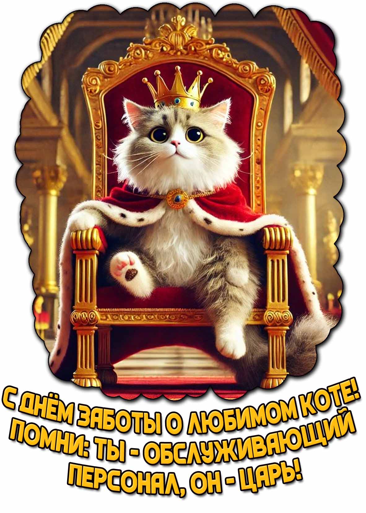 Открытка "С днём заботы о любимом коте! Помни : Ты - обслуживающий персонал, Он - царь!"