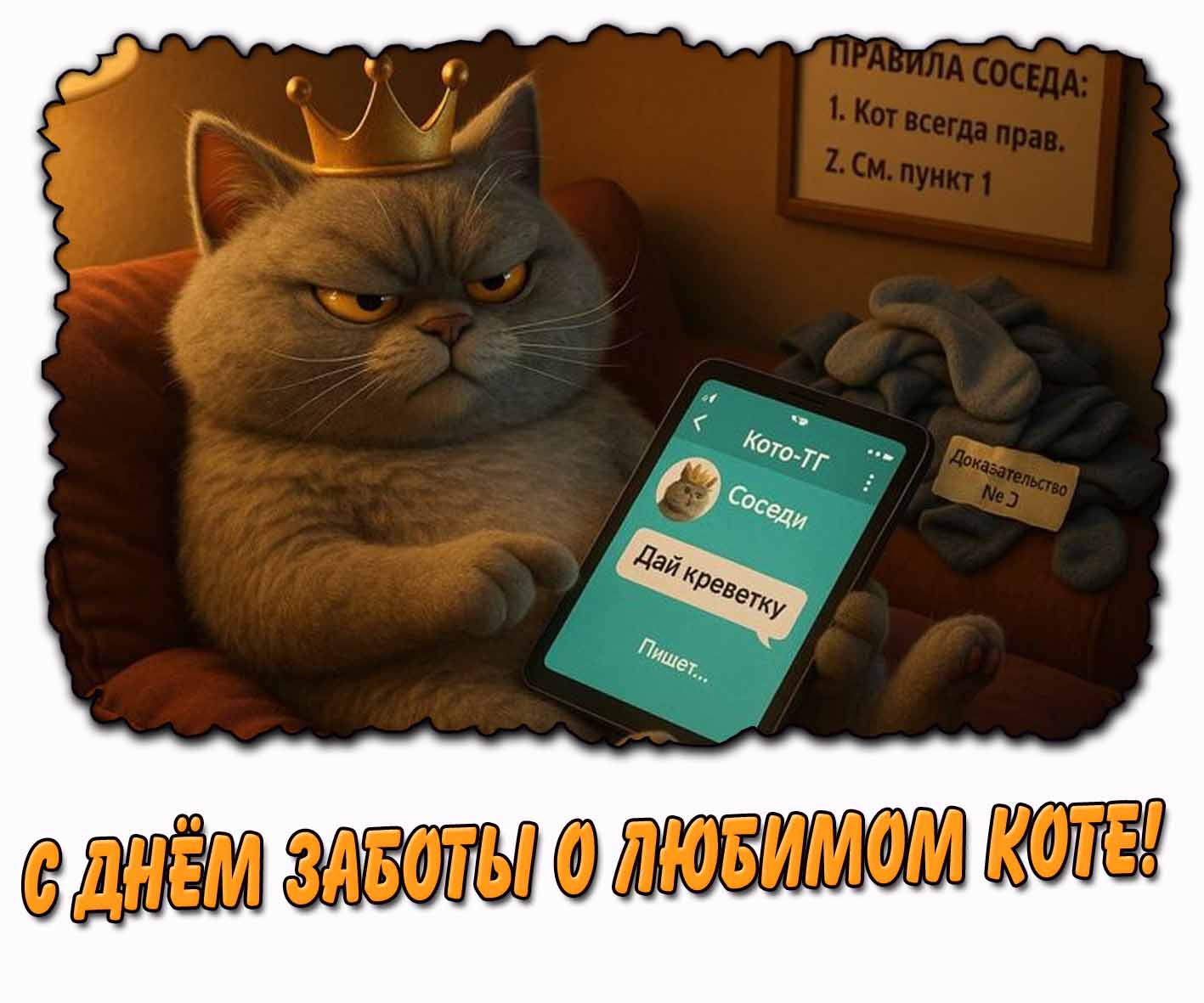 Прикольная картинка "С днём заботы о любимом коте! Дай креветку!"
