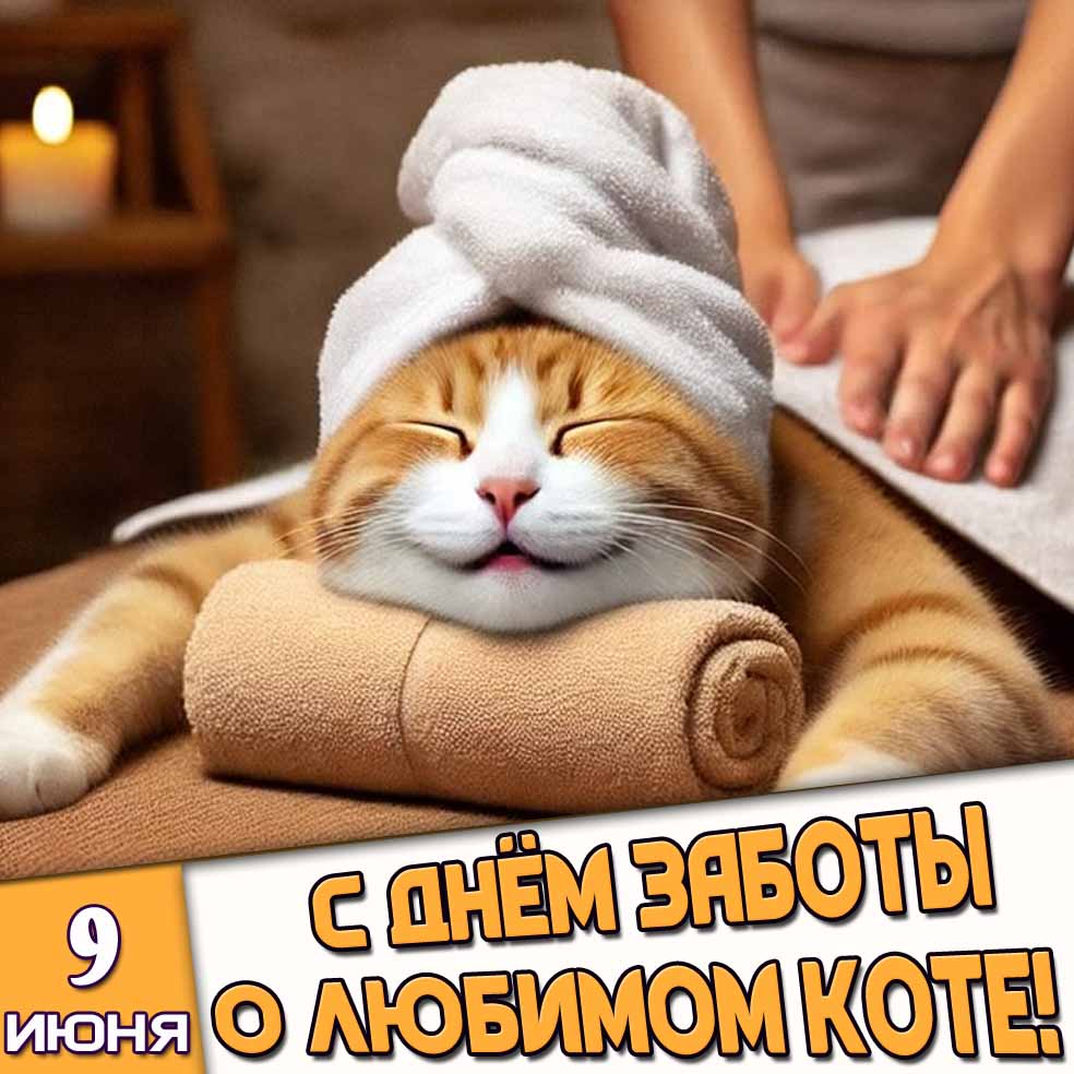 Открытка 9 июня - с днём заботы о любимом коте!
