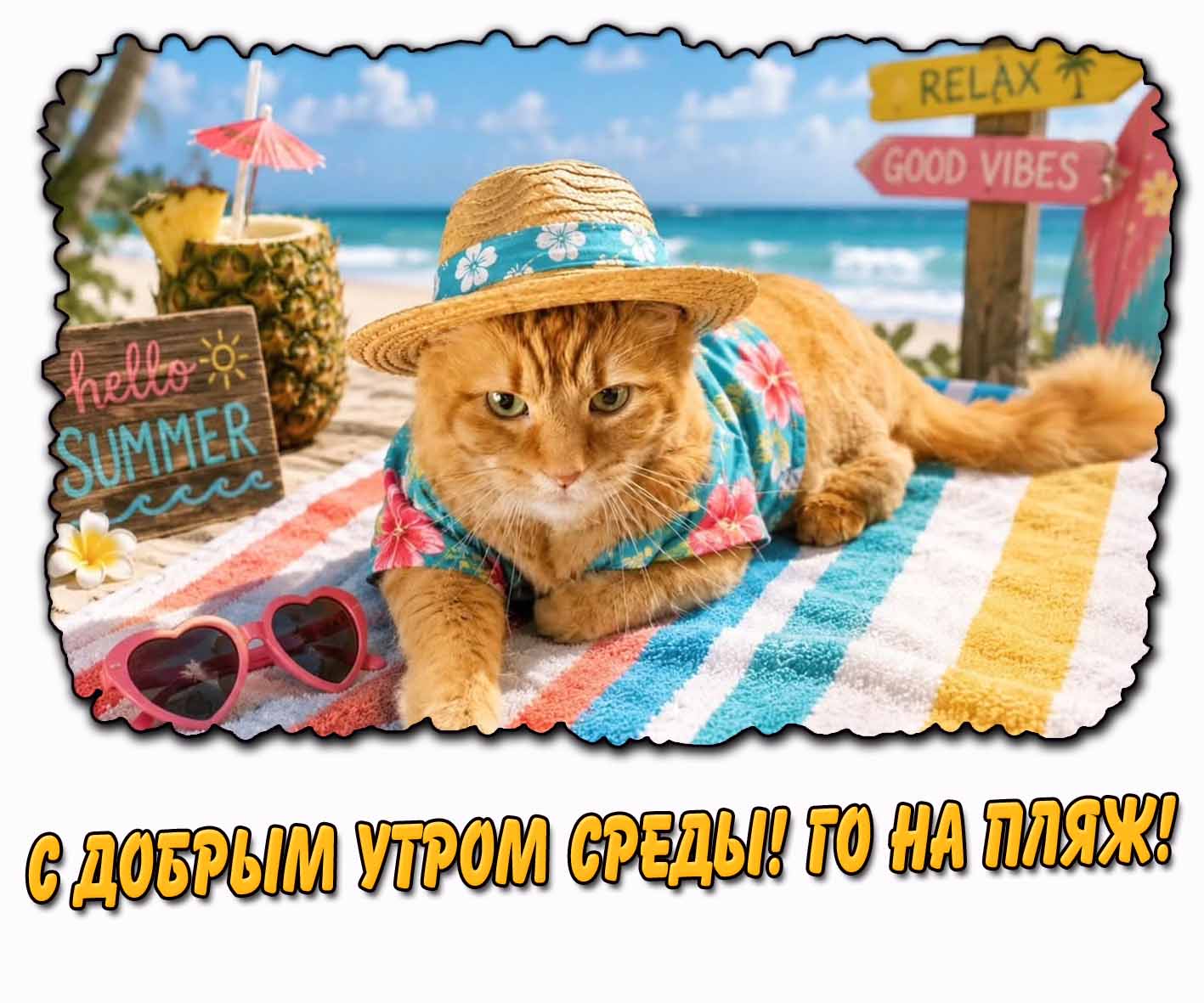 Летняя открытка "С добрым утром среды! Го на пляж!"