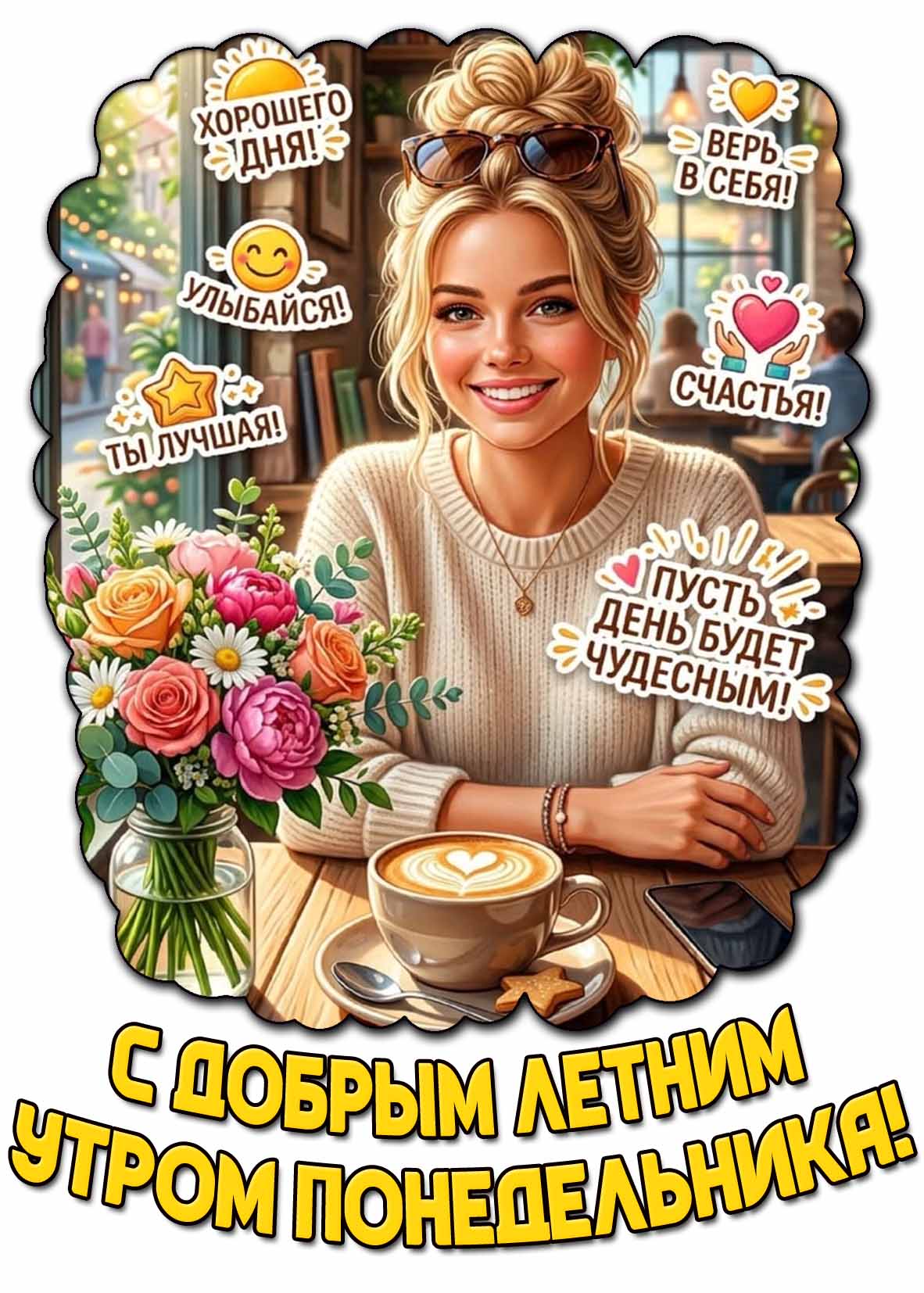 Картинка для девушки "С добрым летним утром понедельника! Хорошего дня! Улыбайся! Ты лучшая! Верь в себя! Счастья! Пусть день будет чудесным!"