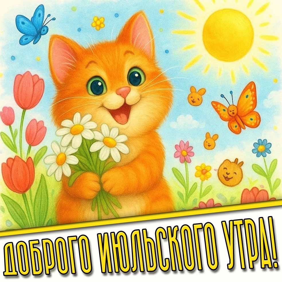 Доброго июльского утра! - прикольная открытка с котиком