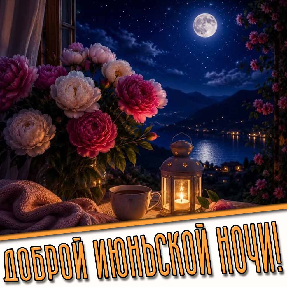 Доброй июньской ночи! - открытка с пионами