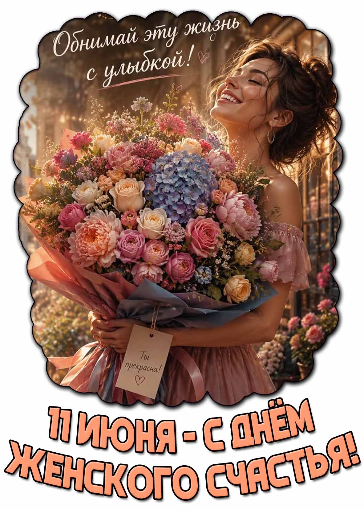 Картинка "11 июня - с днём женского счастья! Обнимай эту жизнь с улыбкой! Ты прекрасна!"