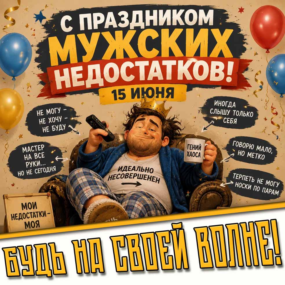Картинка "15 июня - с праздником мужских недостатков! Будь на своей волне!"