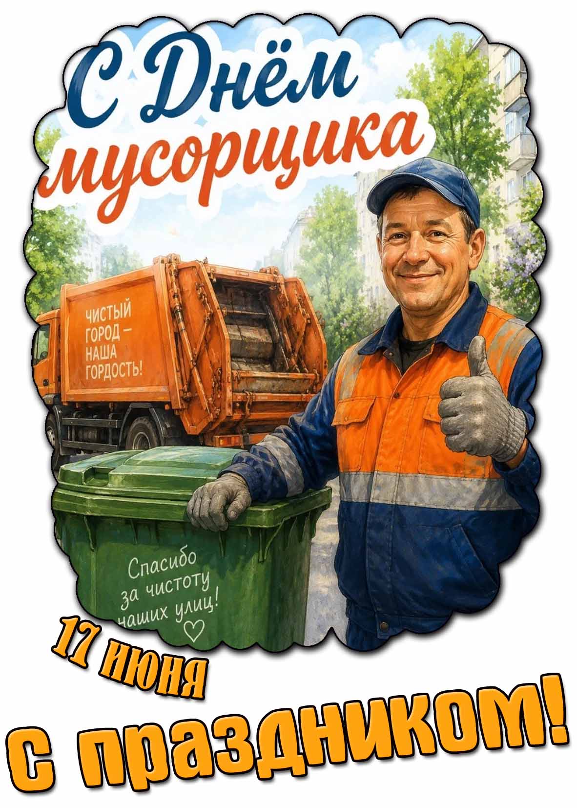 Картинка "17 июня - с днём мусорщика! Чистый город - наша гордость! Спасибо за чистоту наших улиц!"