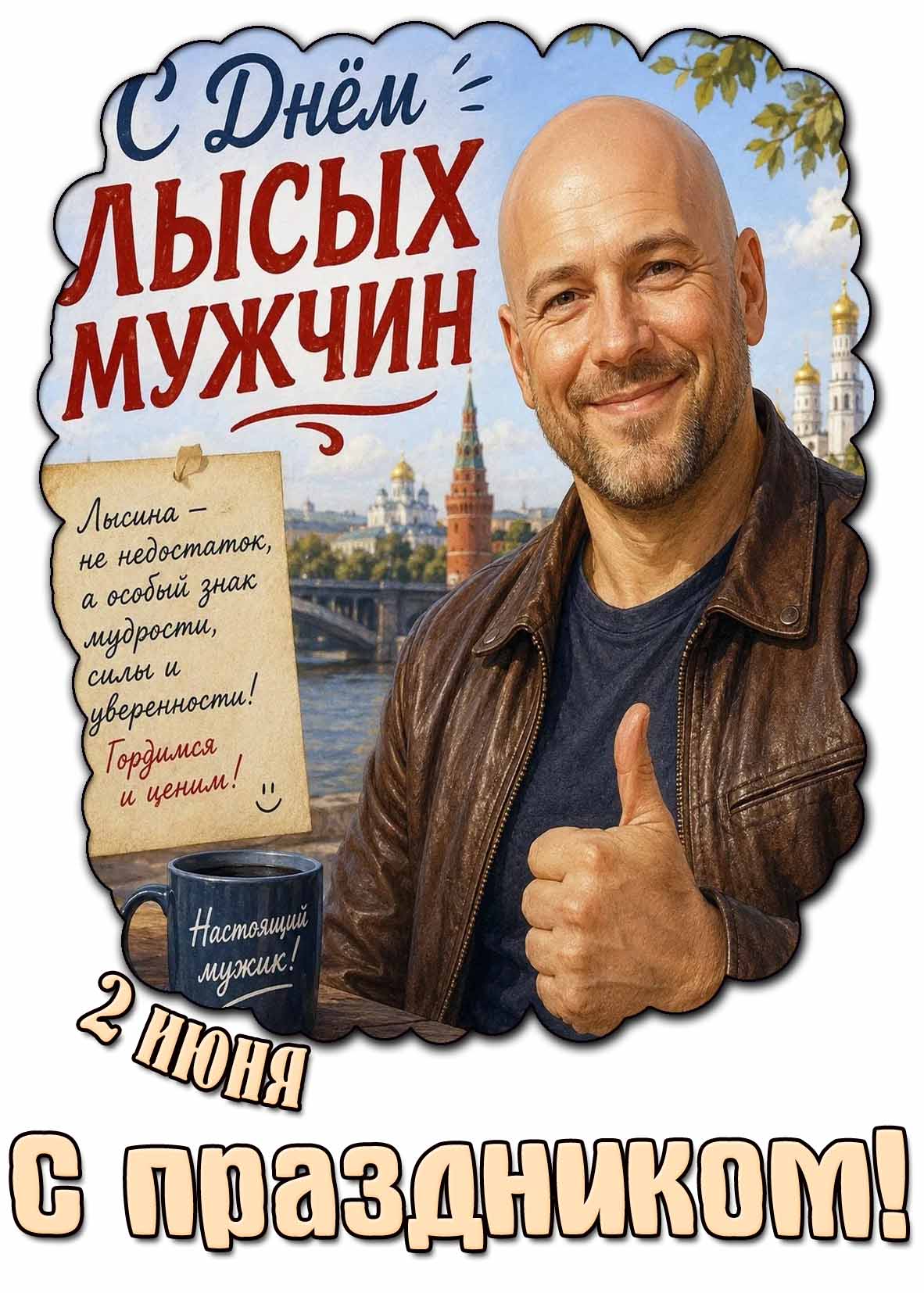 Картинка "2 июня - с днём лысых мужчин! Лысина - не недостаток, а особый знак мудрости, силы и уверенности! С праздником!"