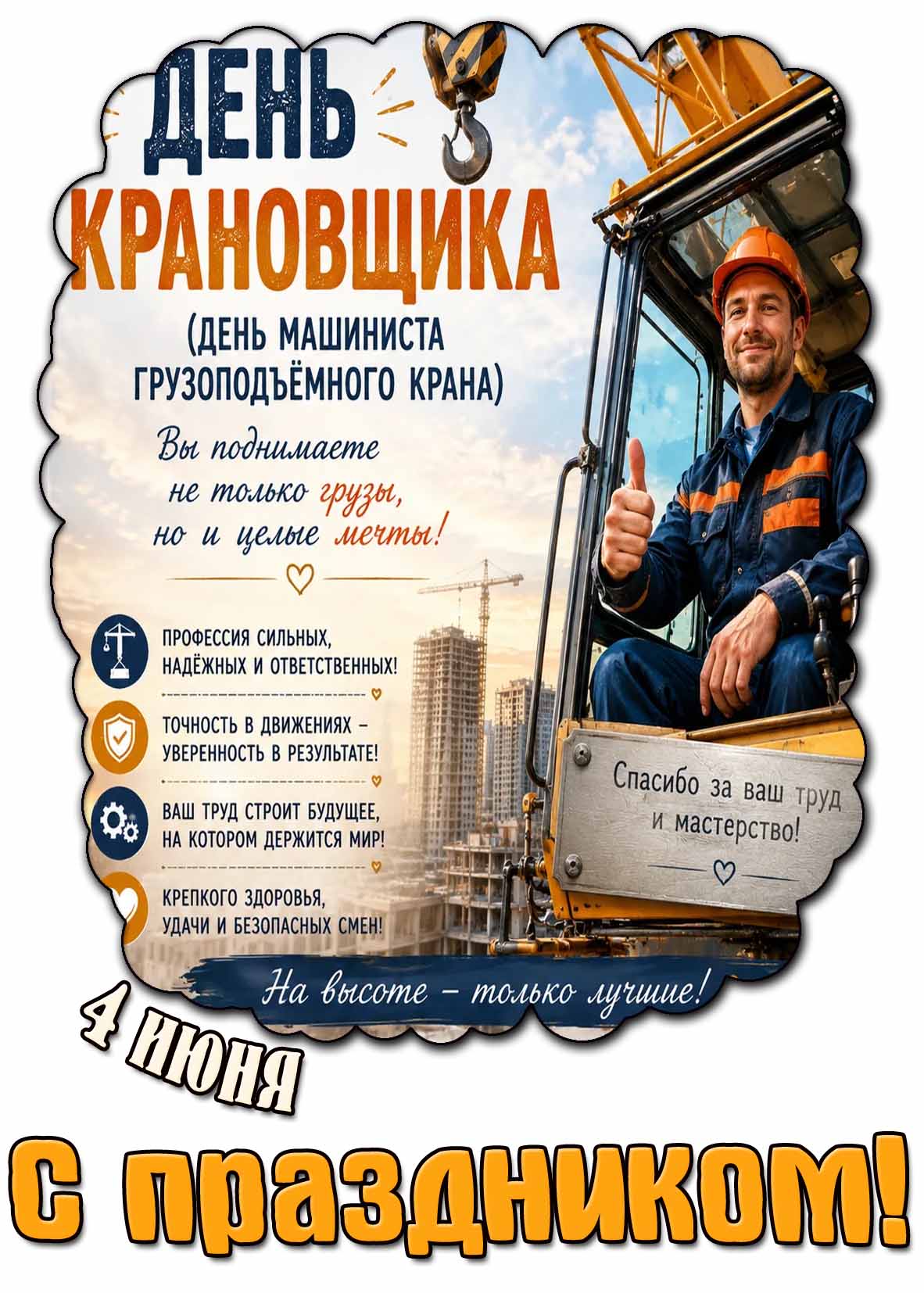 Картинка "4 июня - день крановщика! Спасибо за ваш труд и мастерство! С праздником!"
