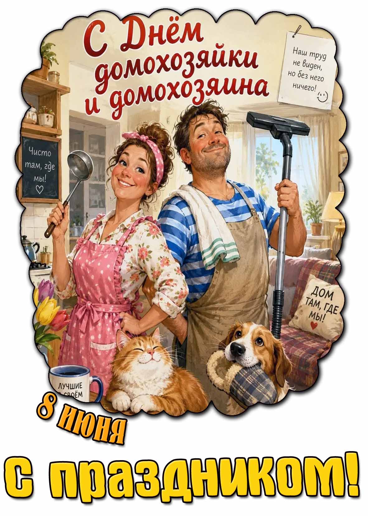 Картинка 8 июня - с днём домохозяйки и домохозяина! Чисто там, где мы! С праздником!