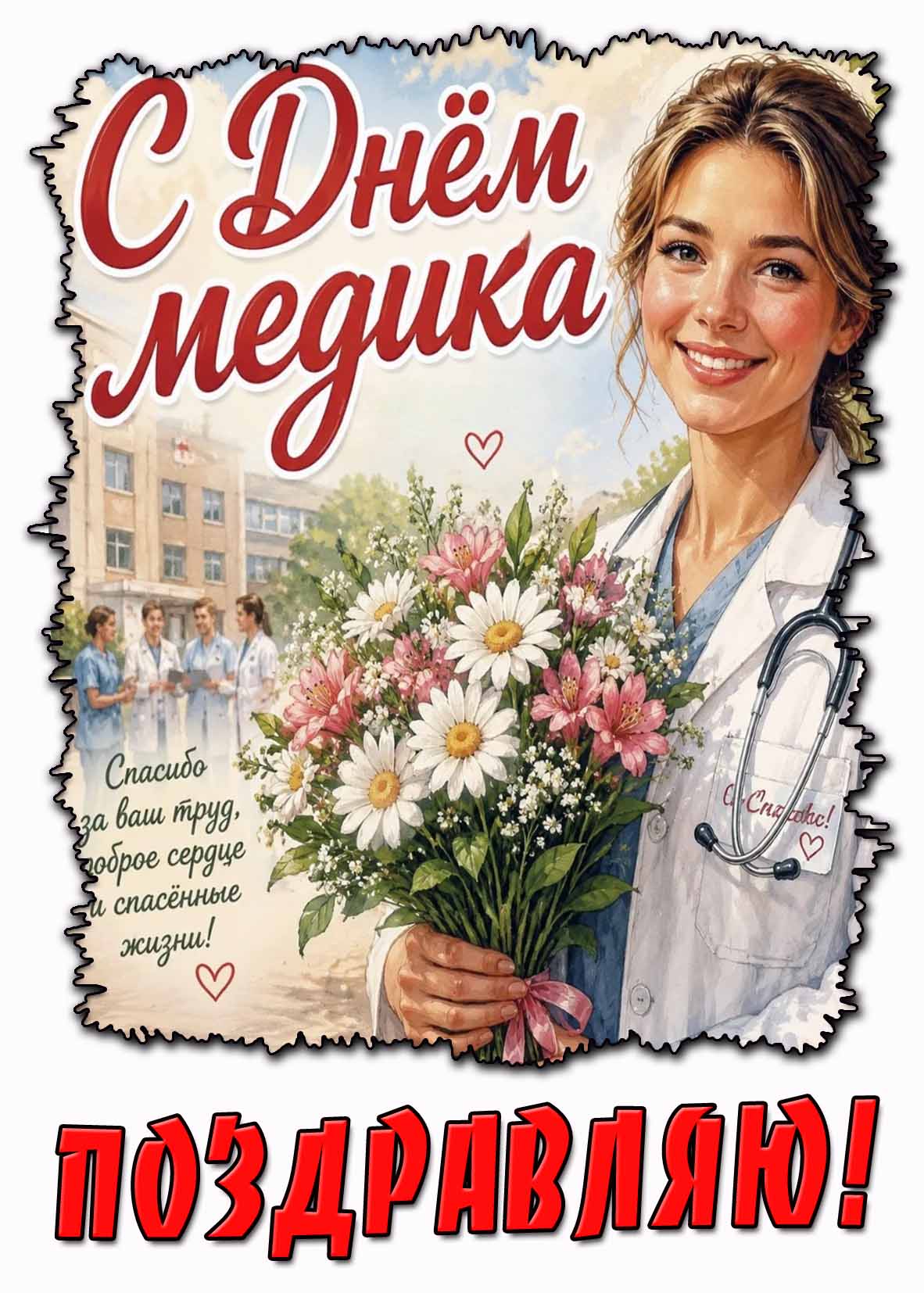 Картинка для женщины "С днём медика! Спасибо за ваш труд, доброе сердце и спасённые жизни! С праздником!"