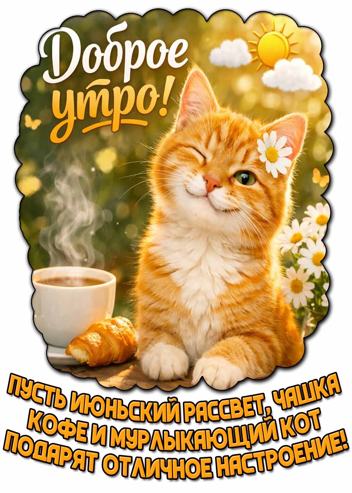 Красивая летняя картинка с с чашкой эспрессо, подмигивающим рыжим пушистиком и надписью : Доброе утро! Пусть июньский рассвет, чашка кофе и мурлыкающий кот подарят отличное настроение! Картинка "Доброе утро! Пусть июньский рассвет, чашка кофе и мурлыкающий кот подарят отличное настроение!"