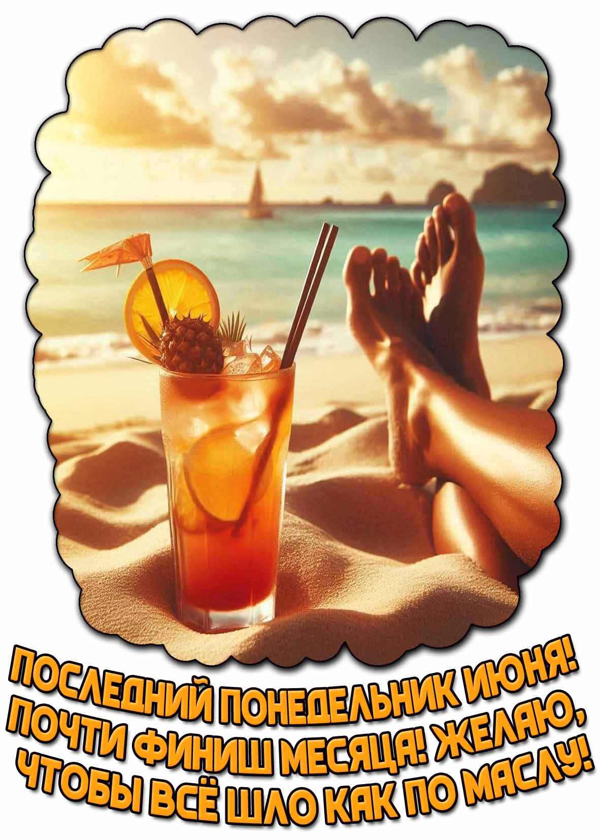 Картинка "Последний понедельник июня! Почти финиш месяца! Желаю, чтобы всё шло как по маслу!"