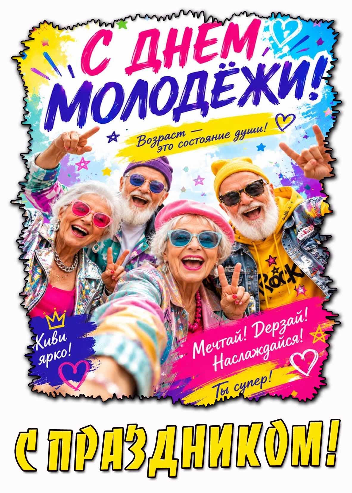 Картинка "С днём молодёжи! Возраст - это состояние души! Живи ярко! Мечтай! Дерзай! Наслаждайся! Ты супер! С праздником!"