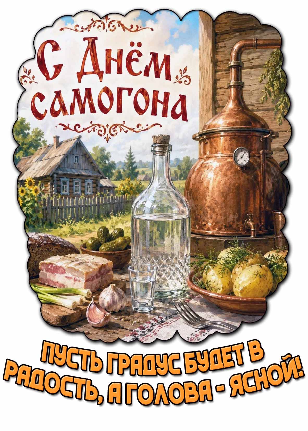 Картинка "С днём самогона! Пусть градус будет в радость, а голова - ясной!"