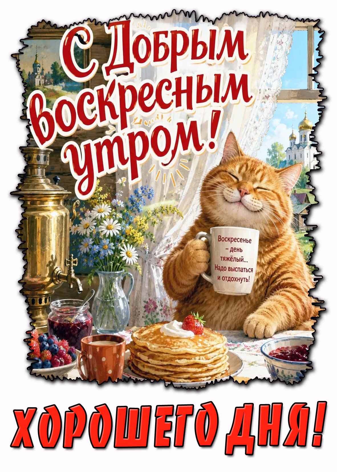 Картинка "С добрым воскресным утром! Хорошего дня! Воскресенье - день тяжёлый... Надо выспаться и отдохнуть!"