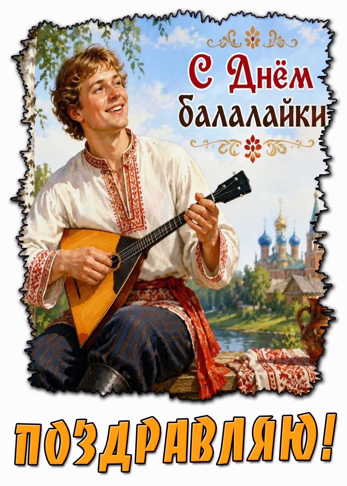 Картинка с красивым русским пареньком в рубахе с музыкальным инструментом на фоне храма и надписью : С днём балалайки! Поздравляю! Красивая картинка "С днём балалайки! Поздравляю!"