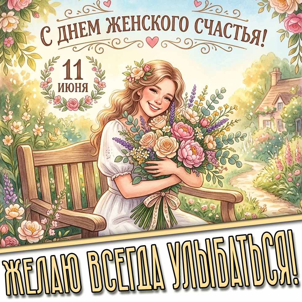Красивая картинка "С днём женского счастья! Желаю всегда улыбаться!" -11 июня