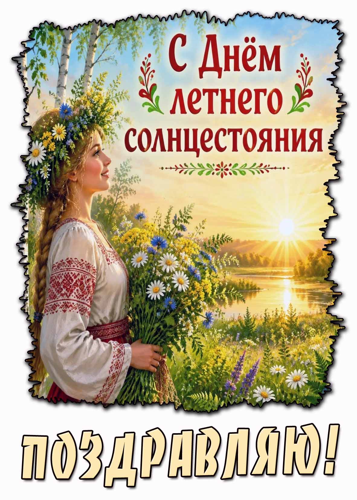 Красивая летняя открытка "С днём летнего солнцестояния! Поздравляю!"