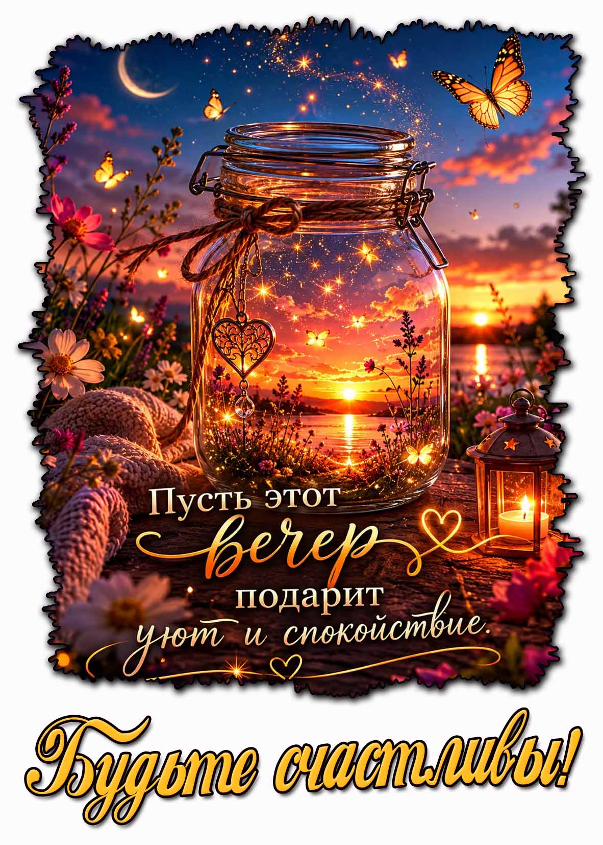 Красивая открытка "Пусть этот вечер подарит уют и спокойствие! Будьте счастливы!"