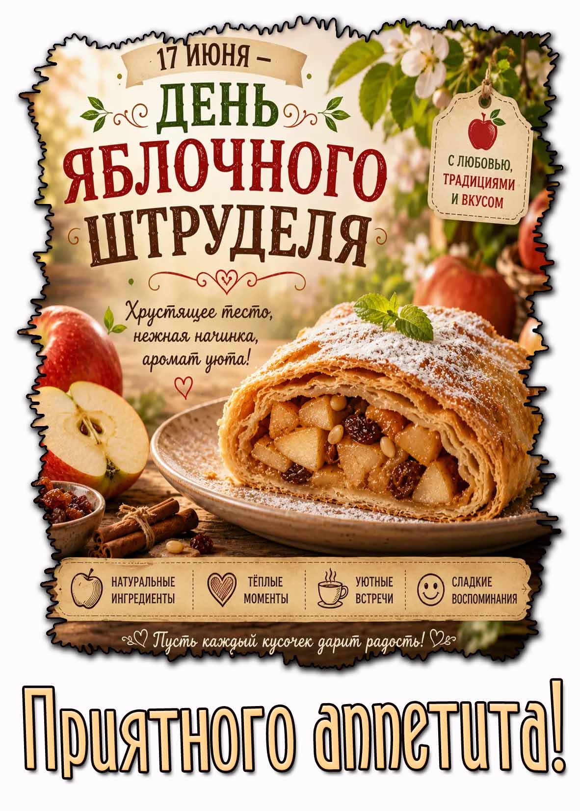 Красивая открытка "17 июня - день яблочного штруделя! Пусть каждый кусочек дарит радость! Приятного аппетита!"