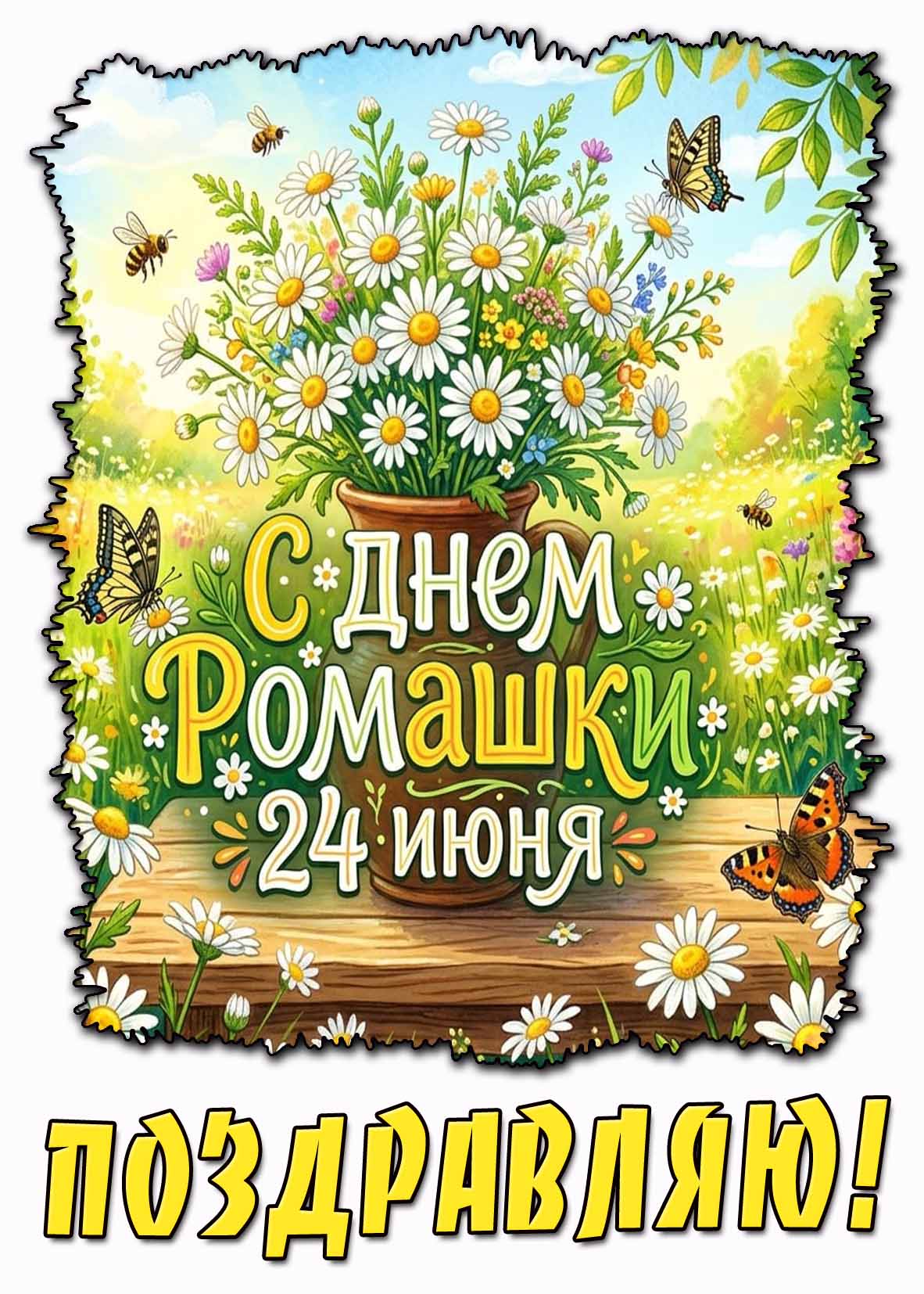Красивая открытка 24 июня - с днём ромашки! Поздравляю!