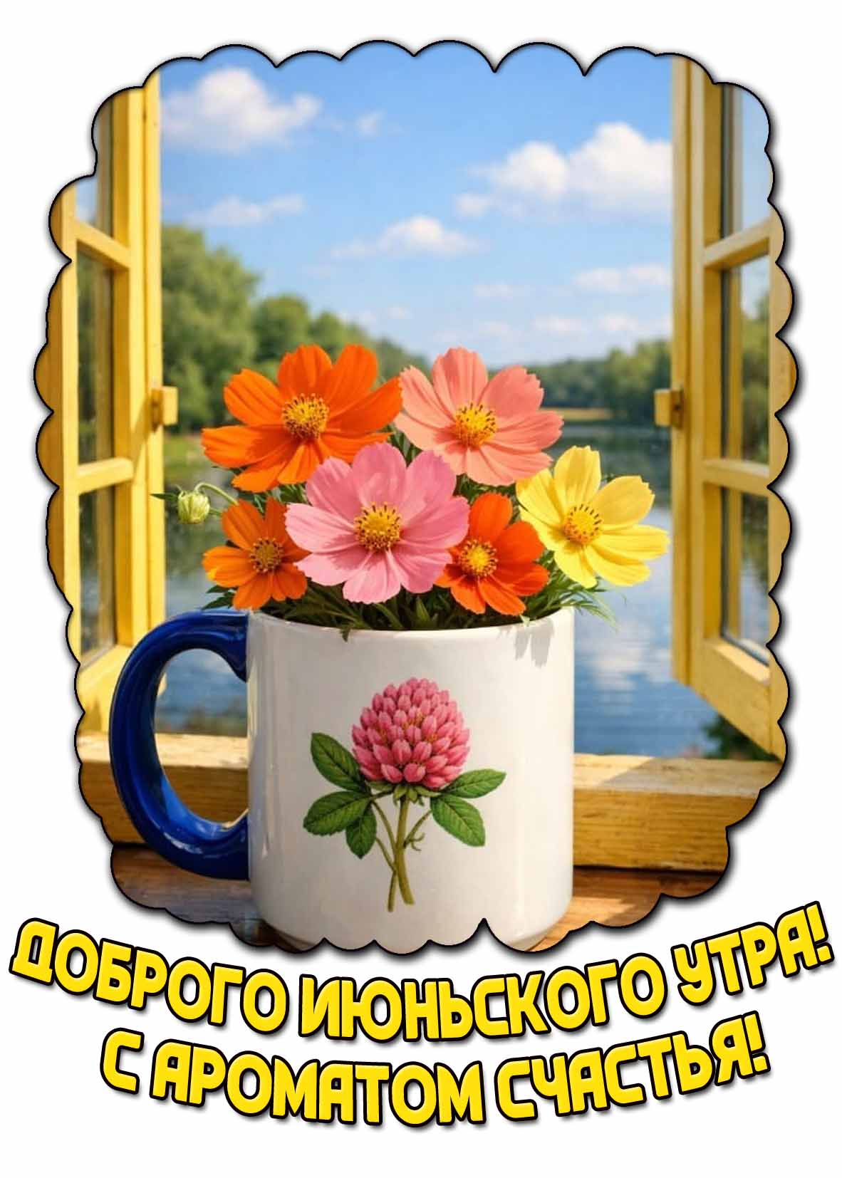 Красивая и креативная открытка с красивым букетиком цветов в стакане на фоне летнего пейзажа, чтобы пожелать : Доброго июньского утра! С ароматом счастья! Красивая открытка "Доброго июньского утра! С ароматом счастья!"