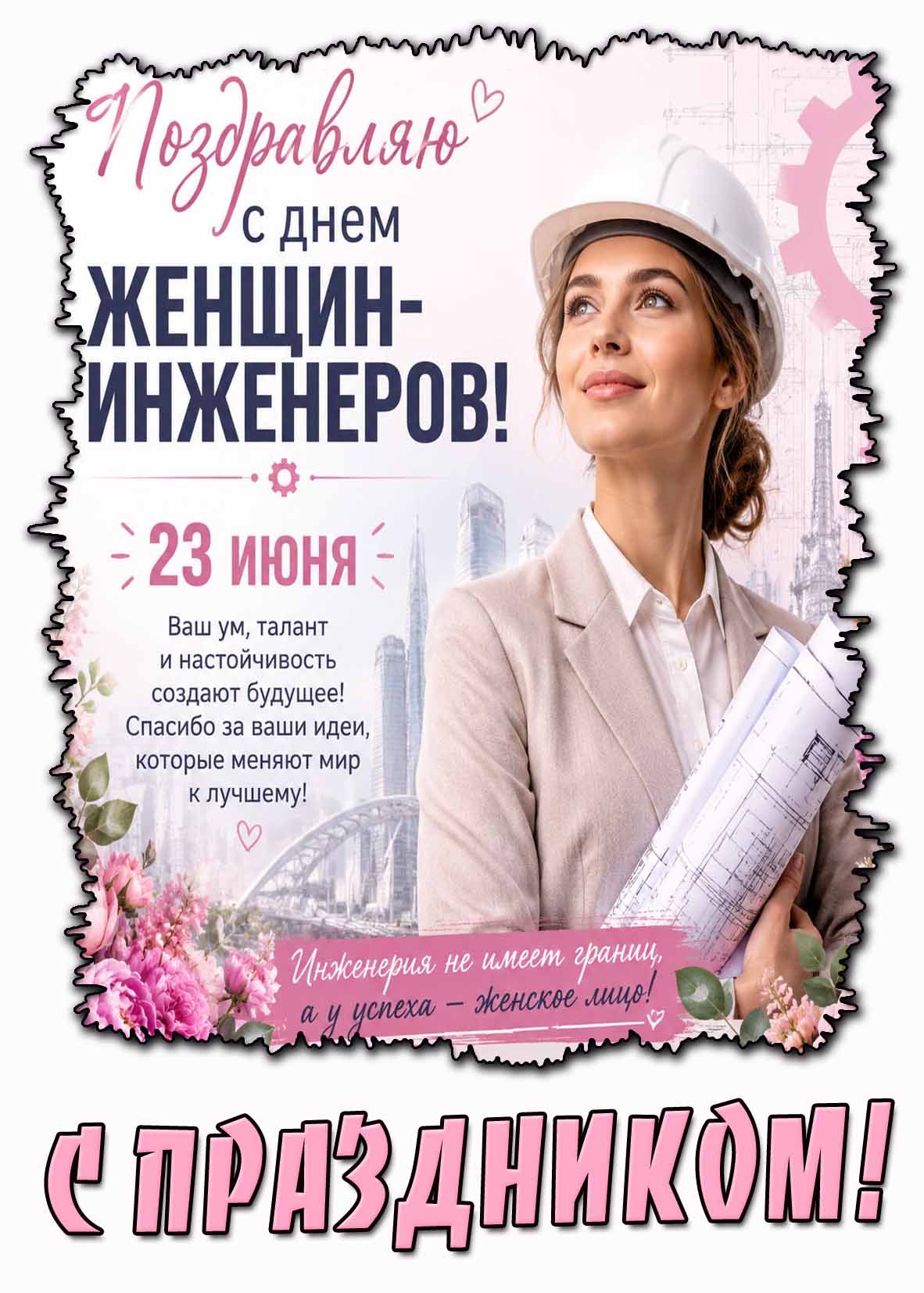 Красивая открытка "23 июня - поздравляю с днём женщин-инженеров! С праздником!"