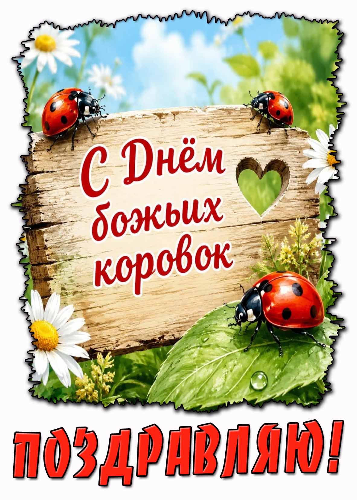 Красивая открытка "С днём божьих коровок! Поздравляю!"