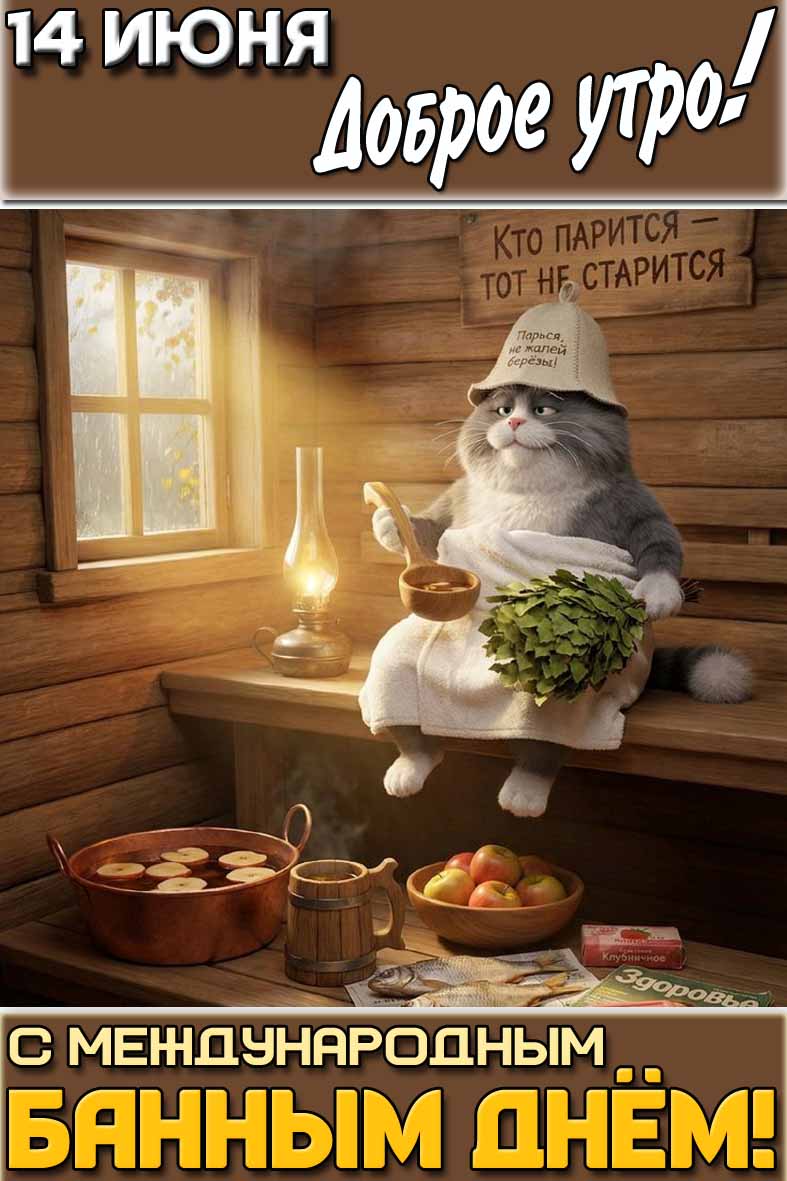 Картинка "14 июня доброе утро! С Международным банным днём! Кто парится - тот не старится!"
