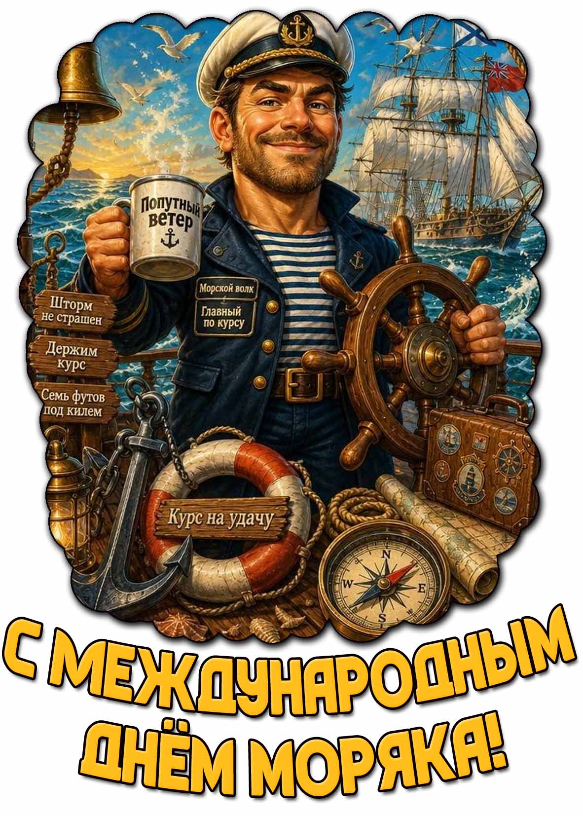 Картинка "С Международным днём моряка! Шторм не страшен! Держим курс! Сеть футов под килем!"