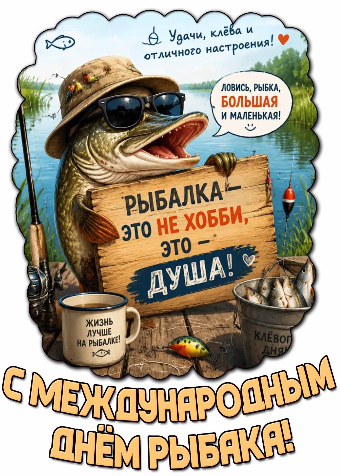 Прикольная картинка "С Международным днём рыбака! Удачи, клёва и отличного настроения! Рыбалка это не хобби, это - душа!"