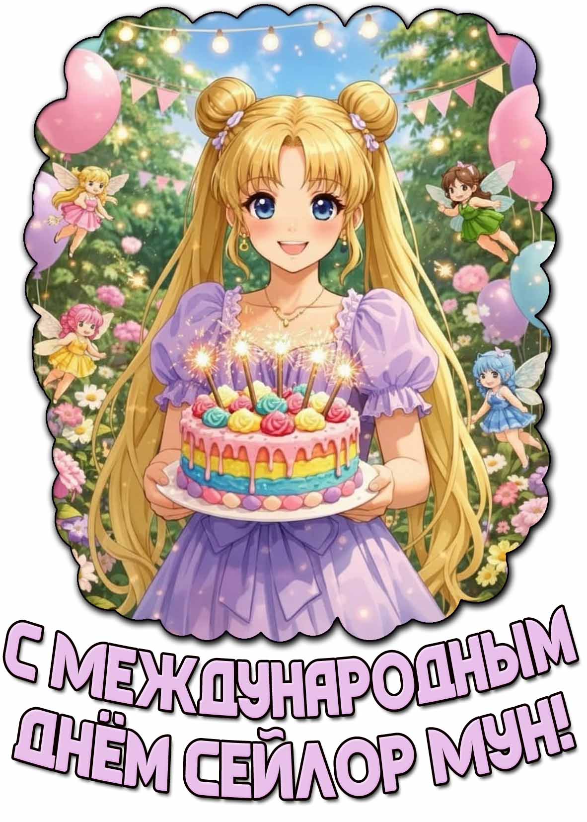 Красивая праздничная картинка с аниме-девушкой с тортом на фоне фей, воздушных шариков, летних цветов и с надписью : С Международным днём Сейлор Мун! Картинка с Международным днём Сейлор Мун
